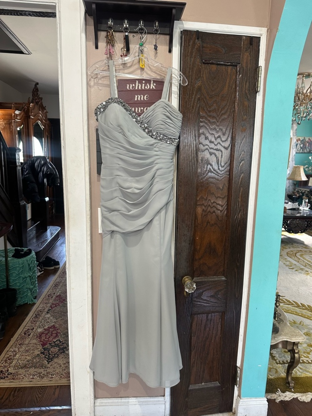 Silver Beaded Chiffon Maxi Dress with Draped Bodice